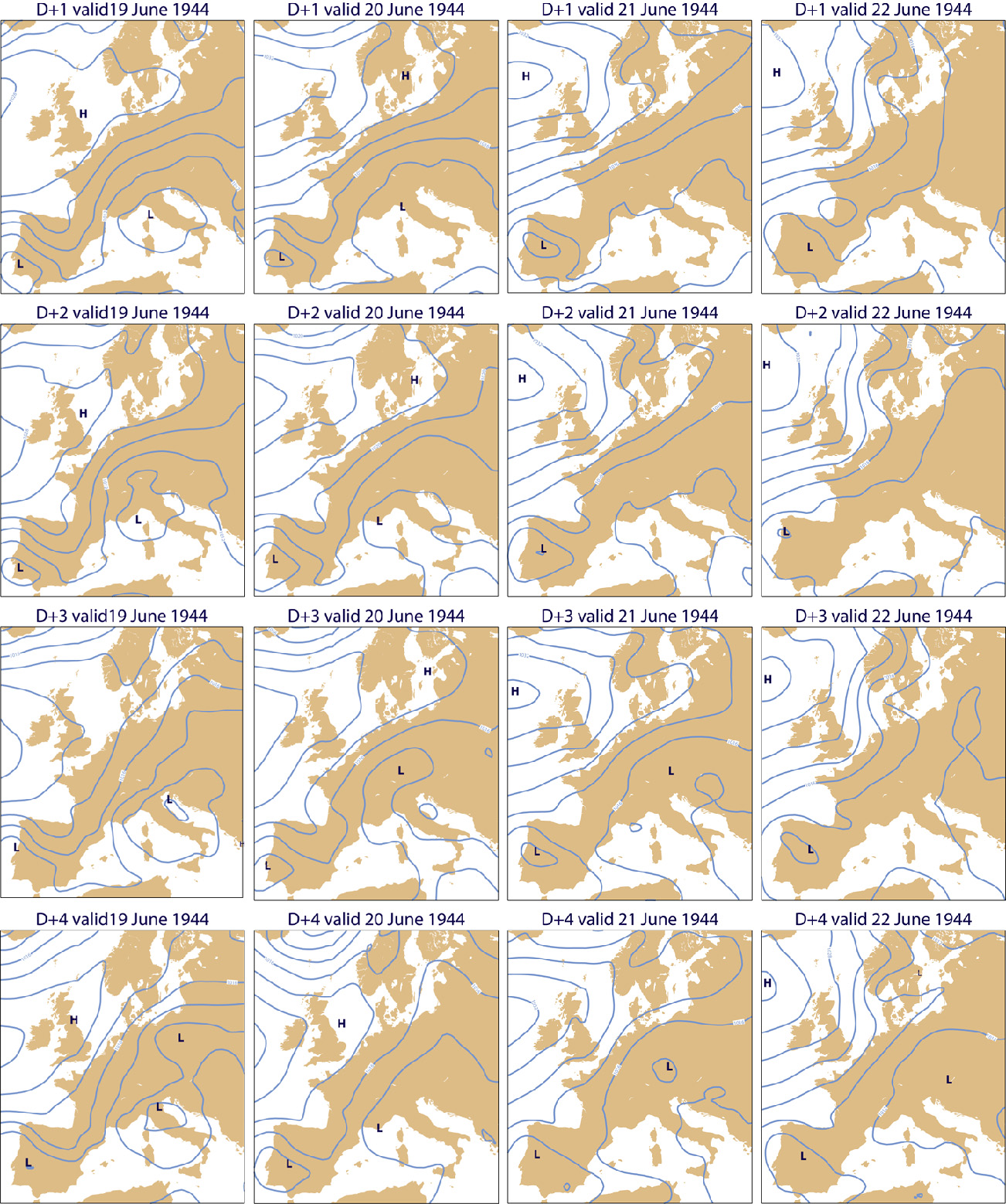 ERA-CLIM surface-pressure forecasts (contour interval: 4 hPa) for 00 UTC from 19 to 22 June 1944 at ranges from one to four days ahead.