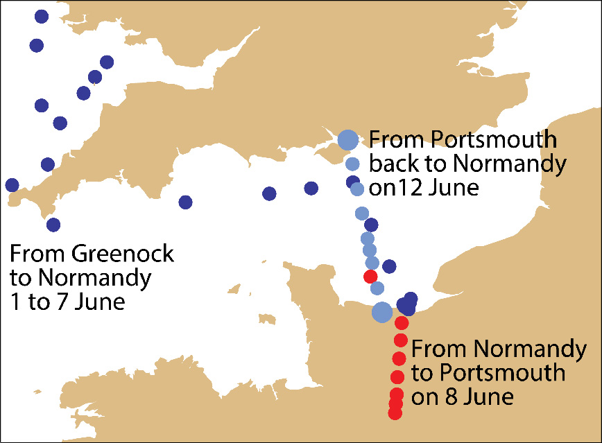 Observation locations in the database for HMS Frobisher, 3-30 June 1944