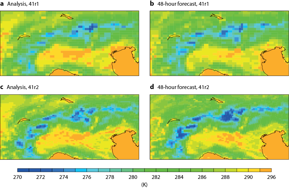 Figure 2 Two-metre temperature valid on 1 June 2015 00 UTC for (a) 41r1 analysis, (b) 41r1 HRES 48-hour forecast, (c) 41r2 analysis and (d) 41r2 HRES 48-hour forecast.