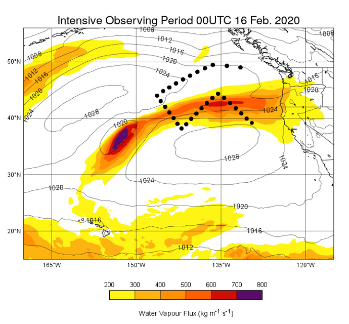 Water vapour flux (colours), mean sea-level pressure (contours), and the dropsonde locations (black dots) centred on 00UTC 16 February 2020