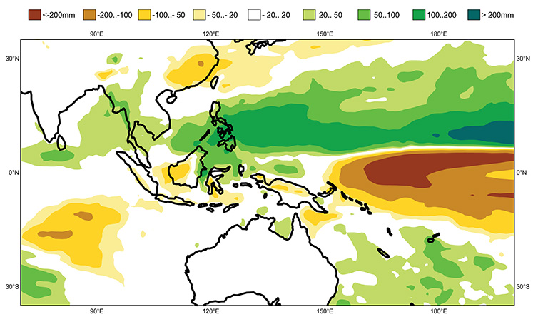 Figure 1: Multi-model seasonal forecast from the Copernicus Climate Change Service (C3S), combining data from ECMWF, the Met Office UK and Météo-France. The plot shows the mean precipitation anomaly for the period March to May 2018. 