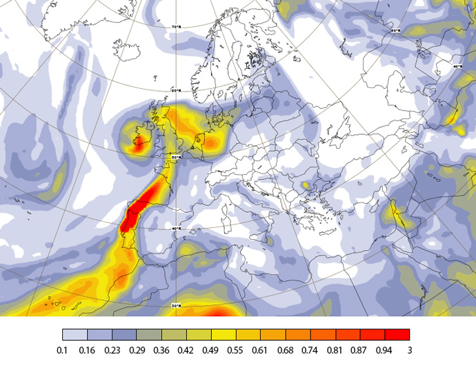 CAMS forecast of aerosol optical depth 16 Oct 2017