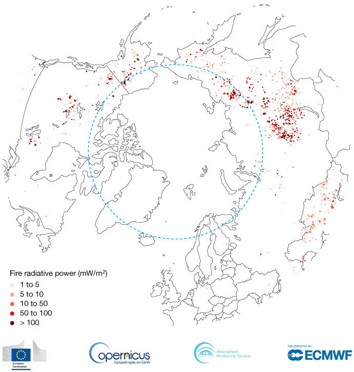 Map of total fire radiative power, summer 2019