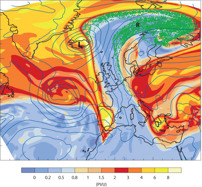 Weather chart showing warm conveyor belt