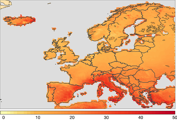 Climate projection chart showing number of heatwave days