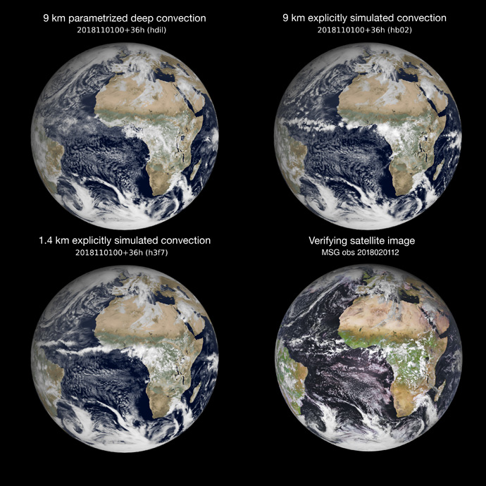 Simulated visible satellite images of 9 km simulation with parametrized deep convection (top left), 9 km (top right) and 1 km (bottom left) simulations with explicitly simulated convection, and verifying visible Meteosat Second Generation satellite image.