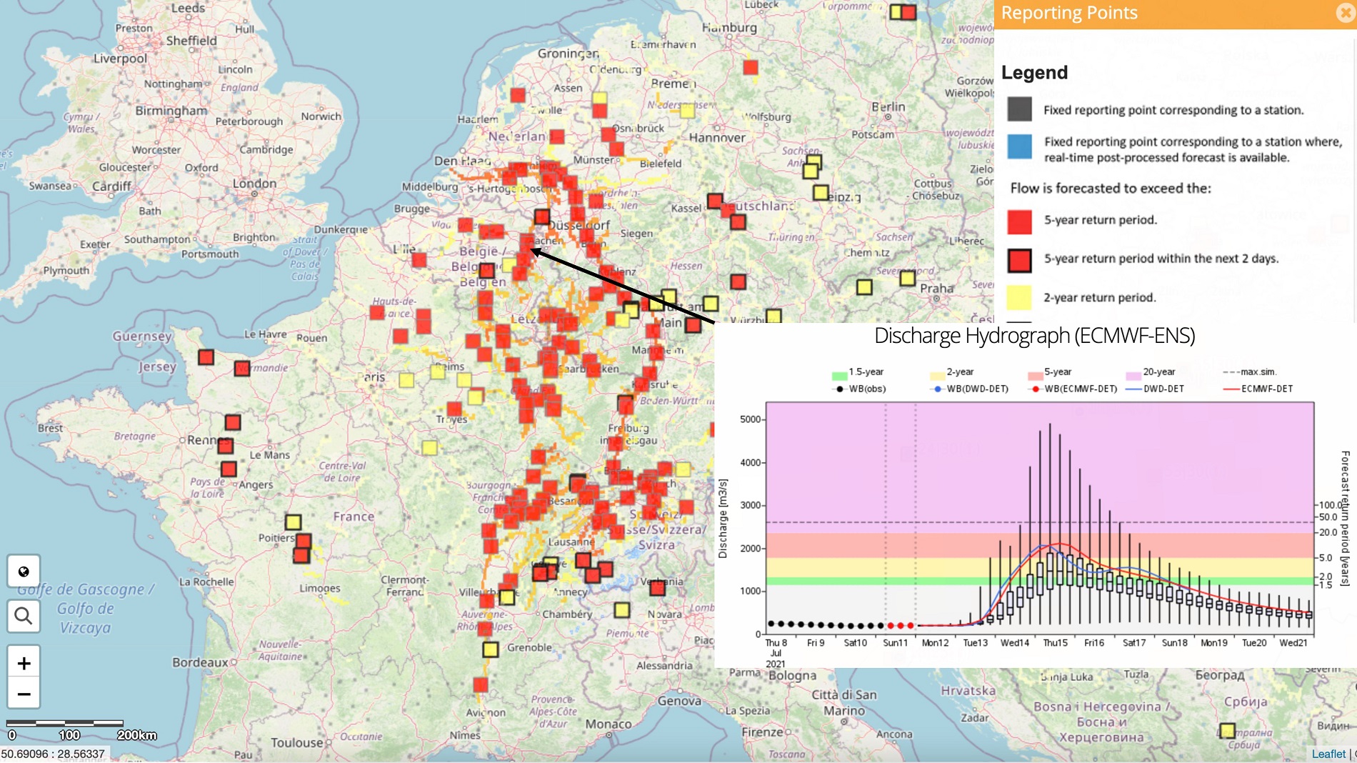 EFAS 10-day flood forecast on 12 July 2021 at 00 UTC