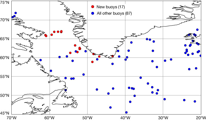 Drifting buoys in the northwest North Atlantic.