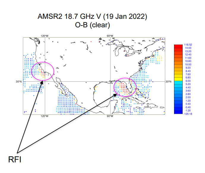 Anomaly (RFI) detection using NWP observation minus background (O-B) for vertically polarized channels