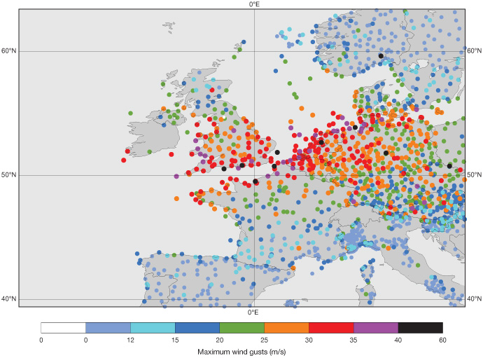 Observed wind gusts 18 Feb 2022