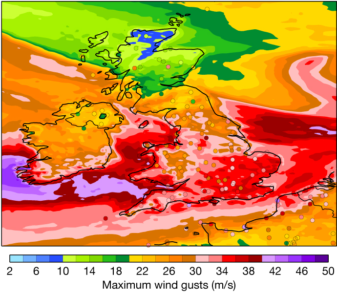 Predicted and observed maximum wind gusts.