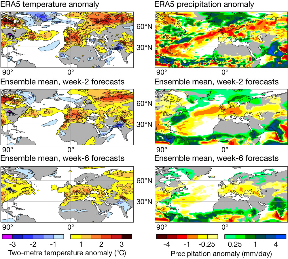 Two-metre temperature and precipitation anomalies.