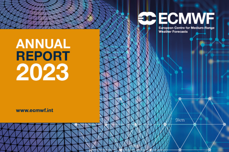 Excerpt from ECMWF Annual Report 2023 cover image showing globe with overlaid grid, 9 km resolution and digital networks