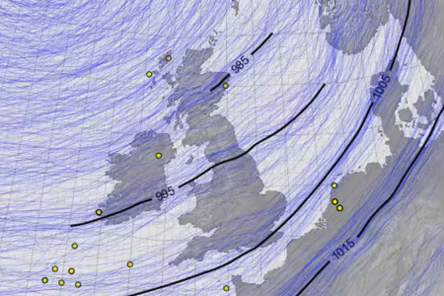 Still from reconstruction of Ulysses storm over the UK in February 1903; credit: Philip Brohan  