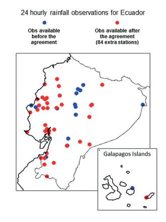 Location in Ecuador of 24-hourly rainfall observations available at ECMWF before the agreement (in blue), and additional observations (in red) that will be available after the agreement.