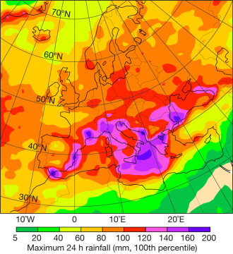 Maximum 24 h rainfall in 9 km resolution re‑forecast sets for June, July, August and September.