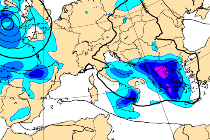 Excerpt from AIFS forecast chart for rain and mean sea level pressure