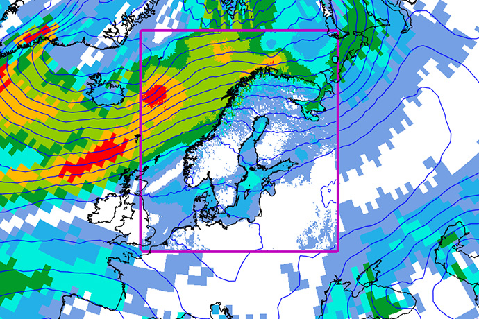 Excerpt from 7-day forecast of 10m wind speed and sea-level pressure using AIFS data-driven stretched grid approach. 