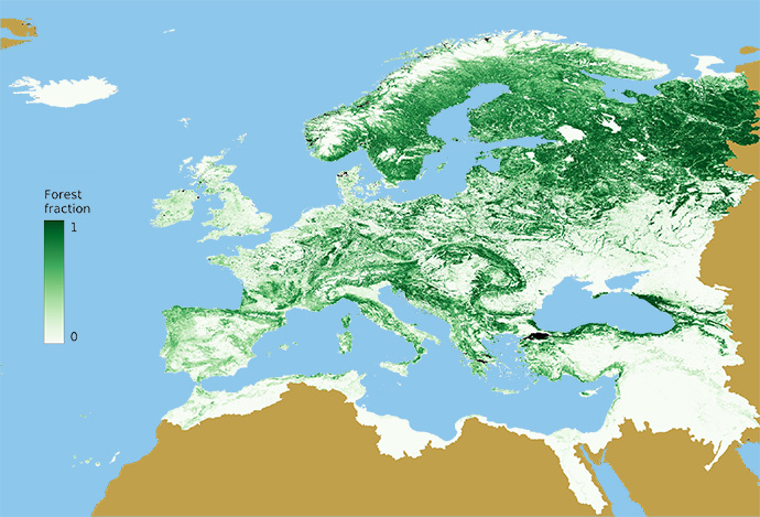 Forest fraction for the LISFLOOD model domain at a resolution of 1 arcmin