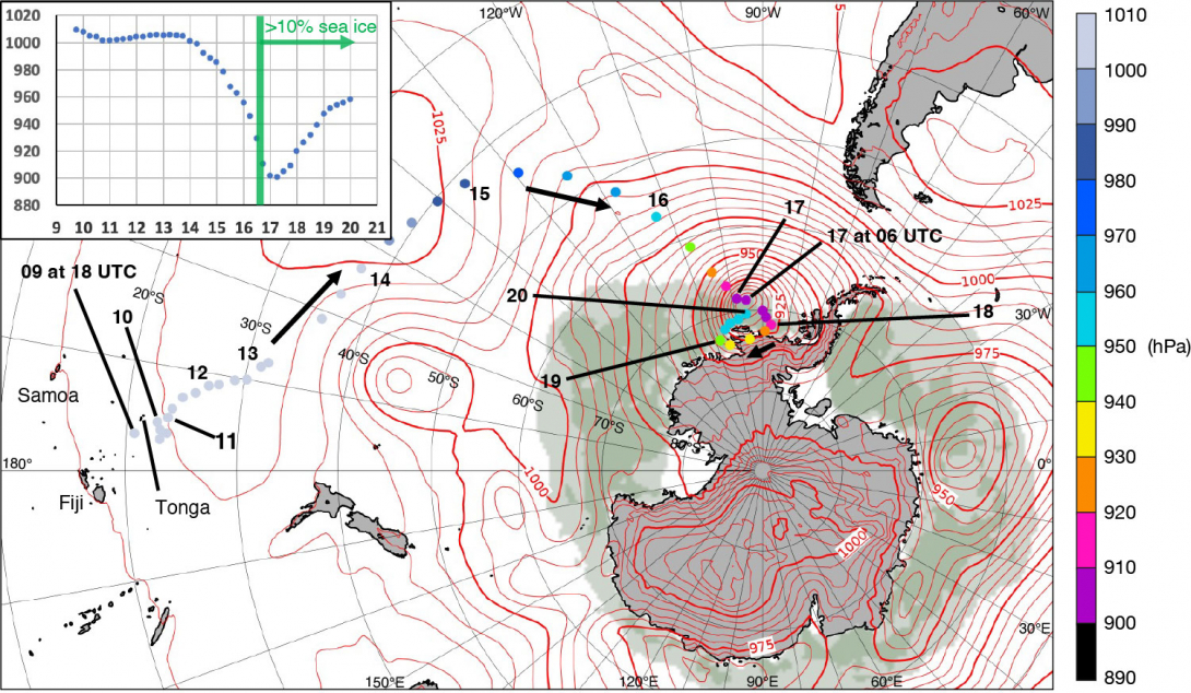 The track of the Peter I storm over its lifetime.