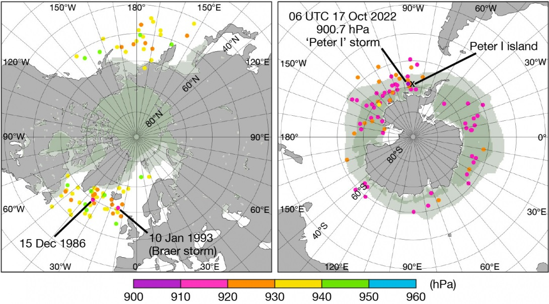 Locations of annual mean sea level pressure minima.