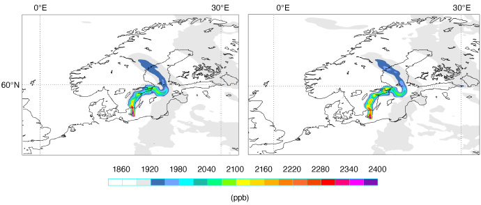 Simulations of CH4 plume from Nord Stream pipe leaks 27 September 2022