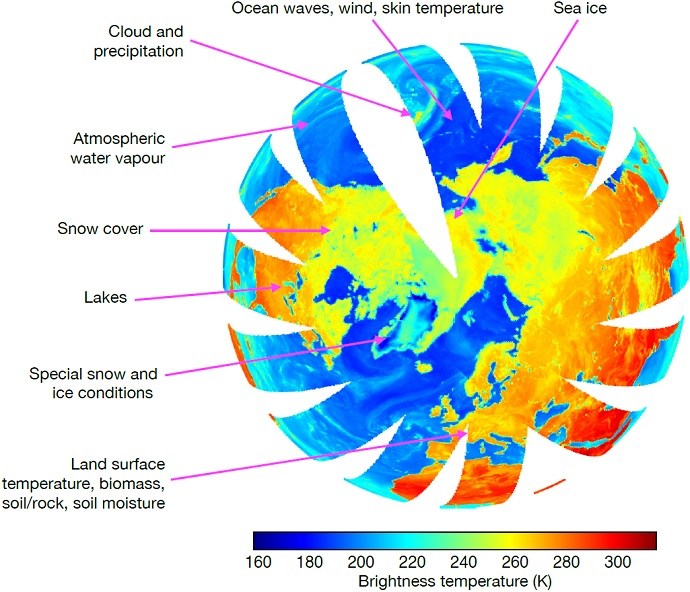 Brightness temperatures from 12 hours of microwave imager overpasses