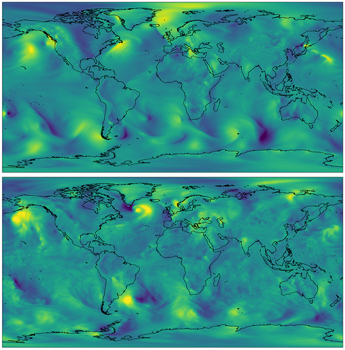 Comparison of deterministic AIFS and ensemble AIFS forecasts of meridional wind at 850 hPa