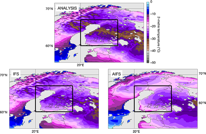 AIFS and IFS forecasts for extreme cold in northern Europe January 2024